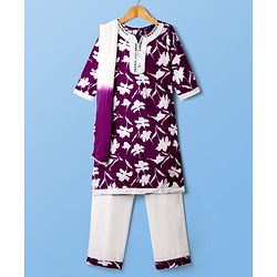 Pine Kids Cotton Woven Three Fourth Sleeves Floral Printed Kurta Chudidar Set with Dupatta - Purple