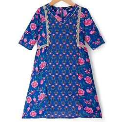 Pine Kids Cotton Woven Three Fourth Sleeves Floral Printed Kurta & Gharara with Dupatta Set - Blue