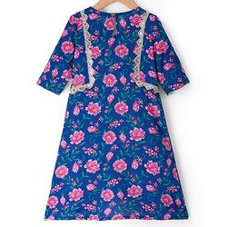 Pine Kids Cotton Woven Three Fourth Sleeves Floral Printed Kurta & Gharara with Dupatta Set - Blue