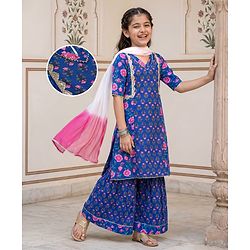 Pine Kids Cotton Woven Three Fourth Sleeves Floral Printed Kurta & Gharara with Dupatta Set - Blue