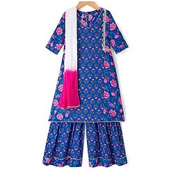 Pine Kids Cotton Woven Three Fourth Sleeves Floral Printed Kurta & Gharara with Dupatta Set - Blue