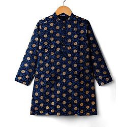 Pine Kids Cotton Woven Full Sleeves Kurta with Motif Glitter Print - Navy Blue