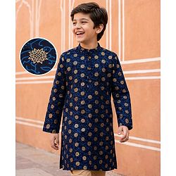 Pine Kids Cotton Woven Full Sleeves Kurta with Motif Glitter Print - Navy Blue