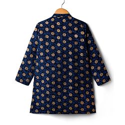 Pine Kids Cotton Woven Full Sleeves Kurta with Motif Glitter Print - Navy Blue