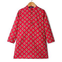 Pine Kids Cotton Woven Full Sleeves Floral Printed Kurta - Red