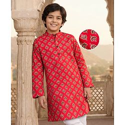 Pine Kids Cotton Woven Full Sleeves Floral Printed Kurta - Red