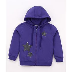 Pine Kids Cotton Knit Full Sleeves Hooded SweatJacket with Sequined Star Design - Purple