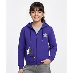 Pine Kids Cotton Knit Full Sleeves Hooded SweatJacket with Sequined Star Design - Purple