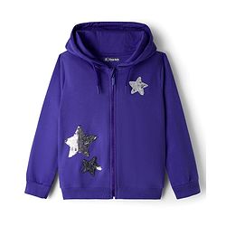 Pine Kids Cotton Knit Full Sleeves Hooded SweatJacket with Sequined Star Design - Purple