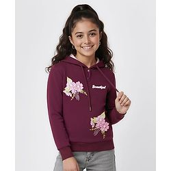 Pine Kids Cotton Knit Full Sleeves Hooded Sweatshirt with Floral Graphics - Wine