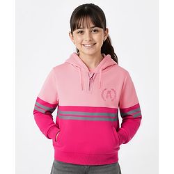 Pine Kids Cotton Knit Full Sleeves Hooded Sweatshirt with Cut & Sew Design - Pink