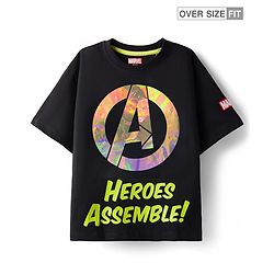 Pine Kids Marvel Single Jersey Knit Oversize Drop Shoulder Half Sleeves T-Shirt with Avengers Graphics and Holographic Print Detailing - Black