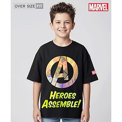Pine Kids Marvel Single Jersey Knit Oversize Drop Shoulder Half Sleeves T-Shirt with Avengers Graphics and Holographic Print Detailing - Black