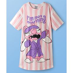 Pine Kids Disney Single Jersey Knit Mid Thigh Half Sleeves Nighty With Lilo & Stitch Graphics - Pink