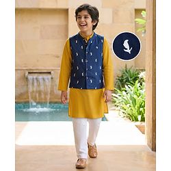 Pine Kids Cotton Woven Full Sleeves Kurta Pajama Set with Printed Jacket - Mustard