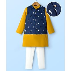 Pine Kids Cotton Woven Full Sleeves Kurta Pajama Set with Printed Jacket - Mustard