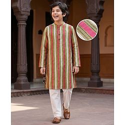 Pine Kids Woven Full Sleeves Kurta Pajama Set with Stripes - White