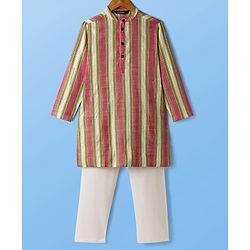 Pine Kids Woven Full Sleeves Kurta Pajama Set with Stripes - White