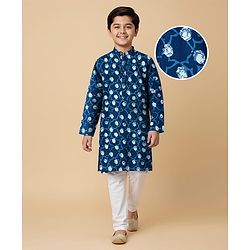Pine Kids Cotton Woven Floral Printed Kurta & Pyjama Set - Blue