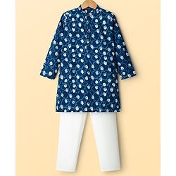 Pine Kids Cotton Woven Floral Printed Kurta & Pyjama Set - Blue