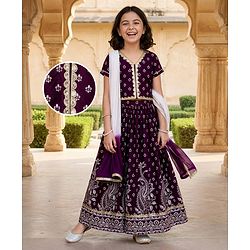 Pine Kids Viscose Woven Half Sleeves Choli Lehenga Set with Dupatta & Motif Glitter Print - Purple