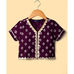 Pine Kids Viscose Woven Half Sleeves Choli Lehenga Set with Dupatta & Motif Glitter Print - Purple