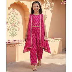Pine Kids Cotton Woven Sleeveless Floral & Badhani Printed Top with Jacket & Pant Set - Pink