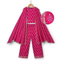 Pine Kids Cotton Woven Sleeveless Floral & Badhani Printed Top with Jacket & Pant Set - Pink