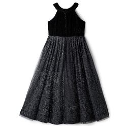 Pine Kids Woven Sleeveless Halter Neck Party Gown With Glitter Print - Black