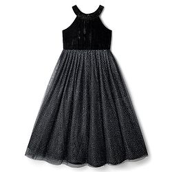 Pine Kids Woven Sleeveless Halter Neck Party Gown With Glitter Print - Black