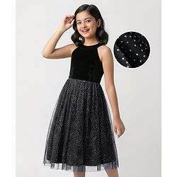 Pine Kids Woven Sleeveless Halter Neck Party Gown With Glitter Print - Black