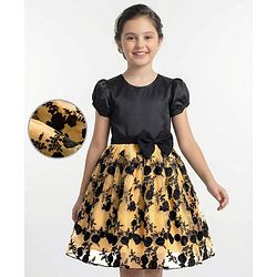 Pine Kids Woven Half Sleeves Party Gown With Floral Embroidery & Bow Applique - Black