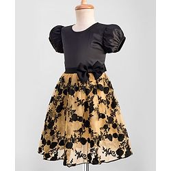 Pine Kids Woven Half Sleeves Party Gown With Floral Embroidery & Bow Applique - Black