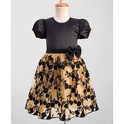 Pine Kids Woven Half Sleeves Party Gown With Floral Embroidery & Bow Applique - Black