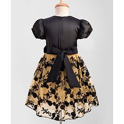 Pine Kids Woven Half Sleeves Party Gown With Floral Embroidery & Bow Applique - Black