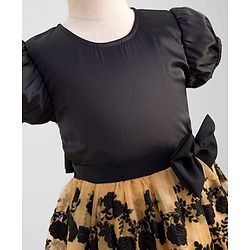 Pine Kids Woven Half Sleeves Party Gown With Floral Embroidery & Bow Applique - Black