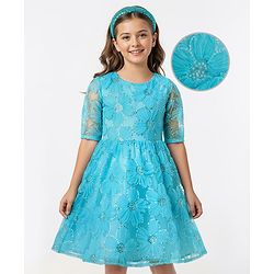 Pine Kids Woven Half Sleeves Party Dress With Floral Embroidery & Sequin Detailing - Light Blue