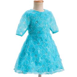 Pine Kids Woven Half Sleeves Party Dress With Floral Embroidery & Sequin Detailing - Light Blue