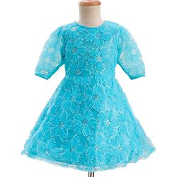 Pine Kids Woven Half Sleeves Party Dress With Floral Embroidery & Sequin Detailing - Light Blue