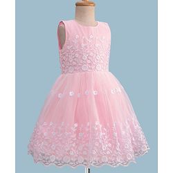 Pine Kids Knit Sleeveless Flared Party Dress with Floral Embroidery - Pink
