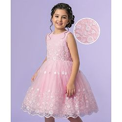 Pine Kids Knit Sleeveless Flared Party Dress with Floral Embroidery - Pink