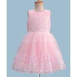 Pine Kids Knit Sleeveless Flared Party Dress with Floral Embroidery - Pink