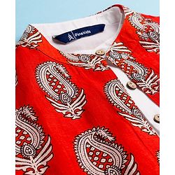 Pine Kids Cotton Woven Full Sleeves Kurta Pajama with Jacket & Motif Print - Maroon