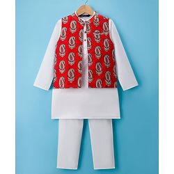 Pine Kids Cotton Woven Full Sleeves Kurta Pajama with Jacket & Motif Print - Maroon