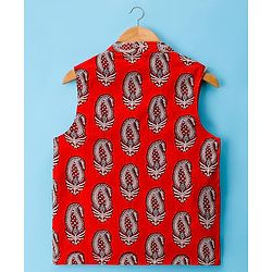 Pine Kids Cotton Woven Full Sleeves Kurta Pajama with Jacket & Motif Print - Maroon