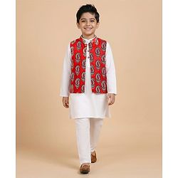 Pine Kids Cotton Woven Full Sleeves Kurta Pajama with Jacket & Motif Print - Maroon
