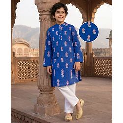 Pine Kids Cotton Woven Full Sleeves Kurta Pajama Set WIth Floral Print - Navy Blue