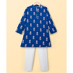 Pine Kids Cotton Woven Full Sleeves Kurta Pajama Set WIth Floral Print - Navy Blue