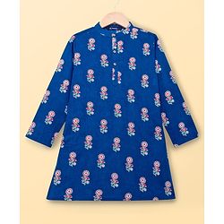 Pine Kids Cotton Woven Full Sleeves Kurta Pajama Set WIth Floral Print - Navy Blue