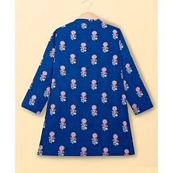 Pine Kids Cotton Woven Full Sleeves Kurta Pajama Set WIth Floral Print - Navy Blue